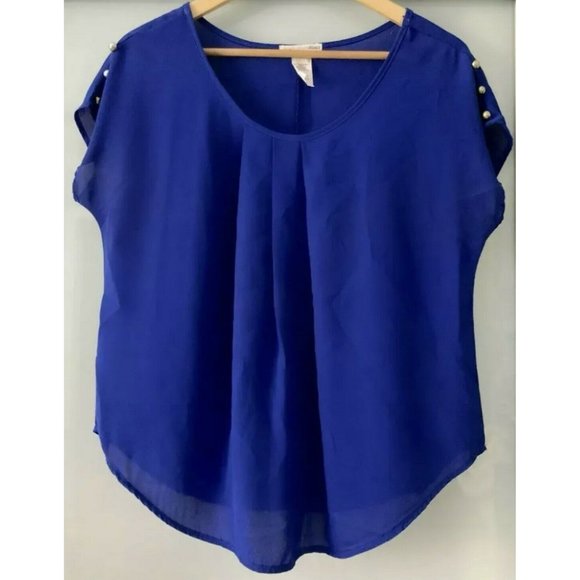 AGACI Women’s Flowy Top Chiffon Blue Blouse Medium #A71 - Picture 5 of 9